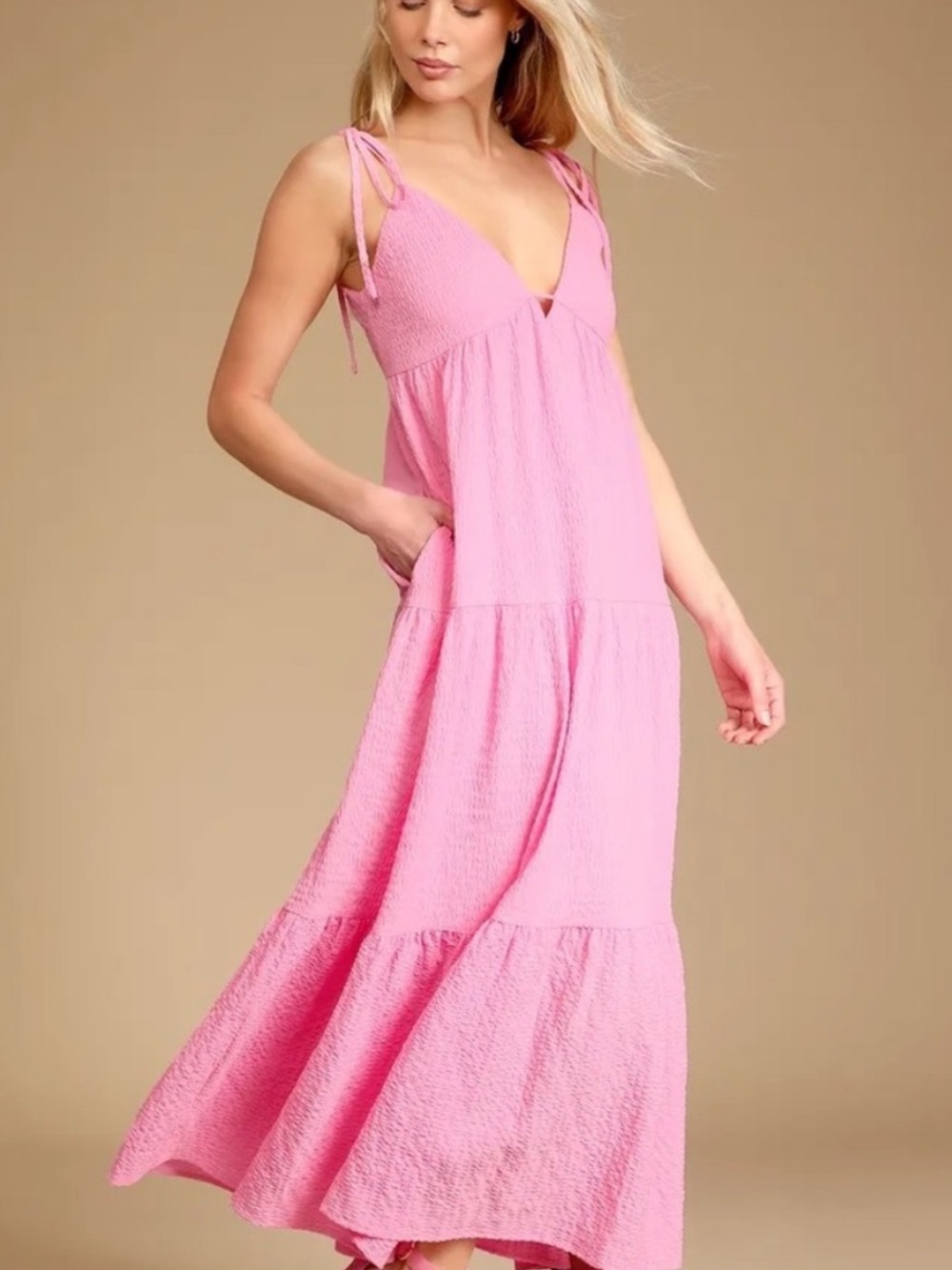 Lulu's Let the Sun Beam Pink Tie-Straps Tiered Midi Dress With Pockets - Picture 2 of 13